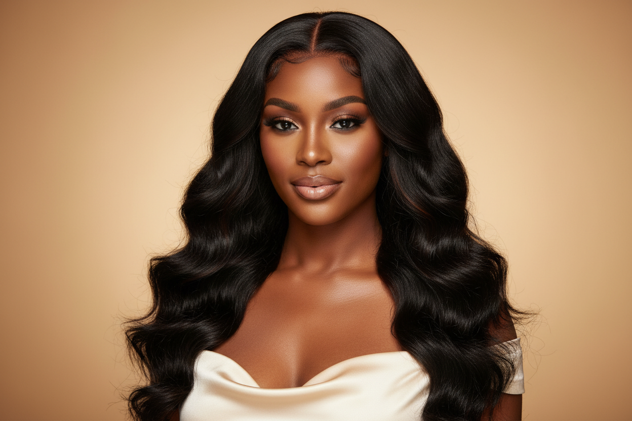 perruque body wave porté par une modèle noir