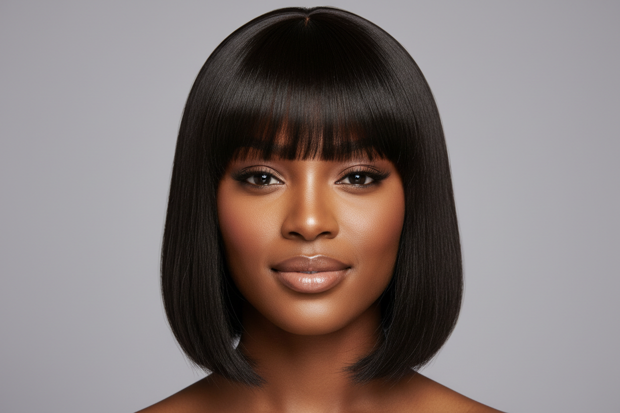 perruque lisse courte a frange porté par une modèle noir