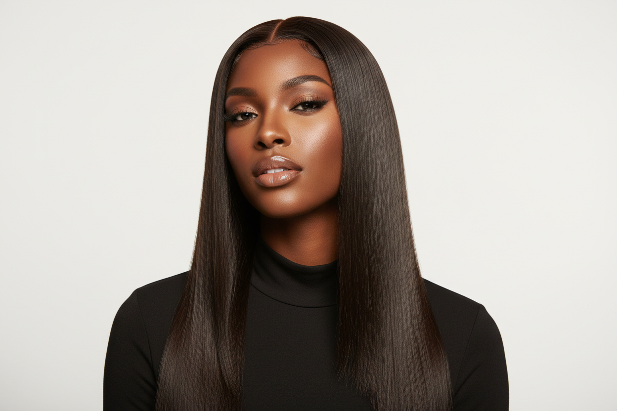 perruque lisse porté par une modèle noir