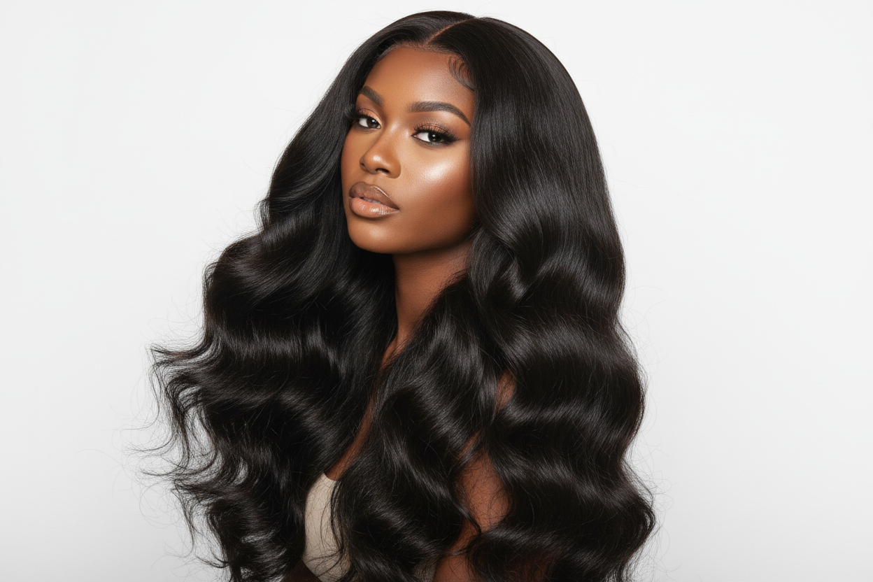 shooting photo pour perruques body wave avec une modèle noir