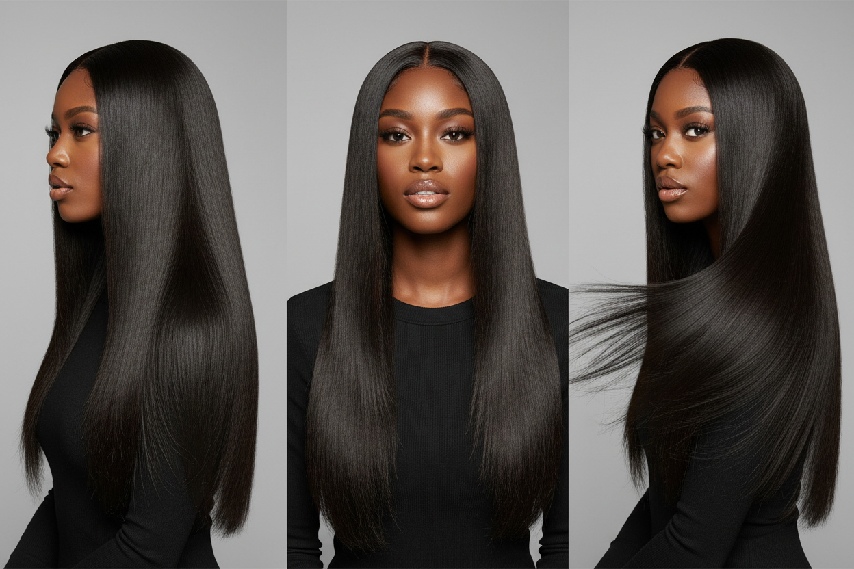 shooting photos pour perruque lisse avec une modèle noir